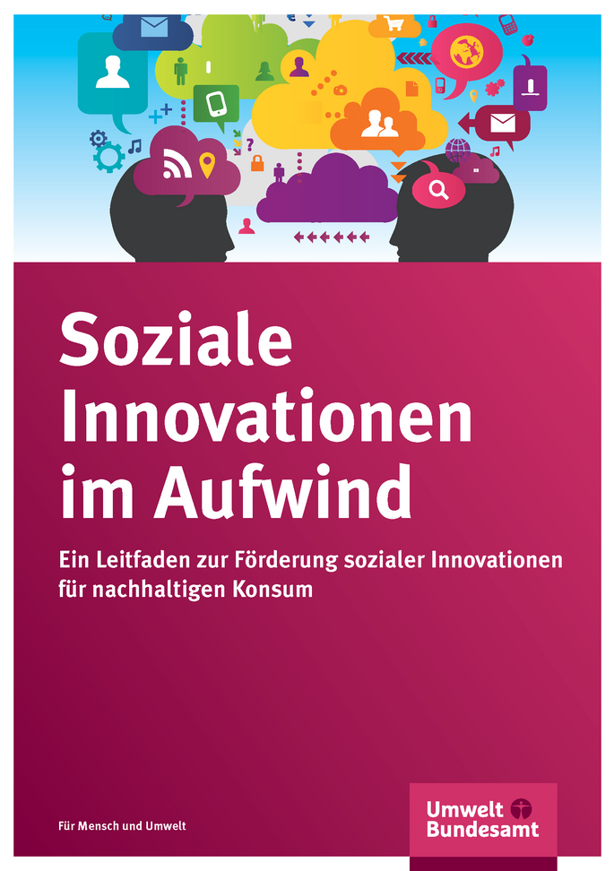 Cover der Broschüre "Soziale Innovationen im Aufwind", Titelbild: bunte Comic-Zeichnung von zwei Gesichtern, die einander zugewandt sind, und vielen Sprechblasen und Wolken, in denen Menschen, Briefumschläge, Handys, Einkaufswägen u.a. zu sehen sind