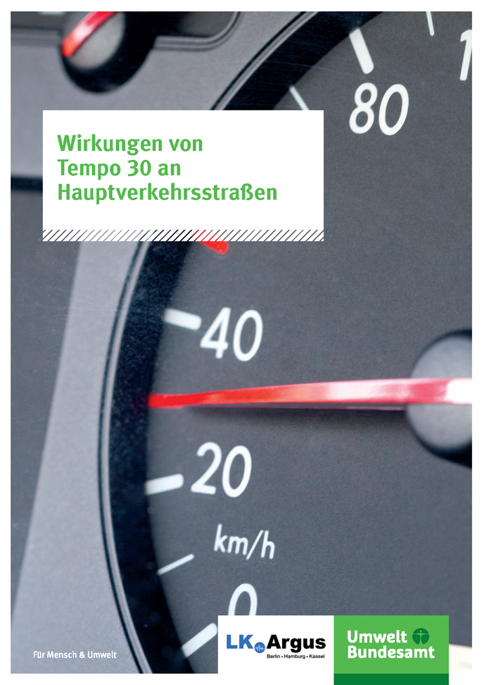 Titelseite der Broschüre Wirkungen von Tempo 30 an Hauptverkehrsstraßen, das Hintergrundbild zeigt einen Tachometer, der 30 anzeigt