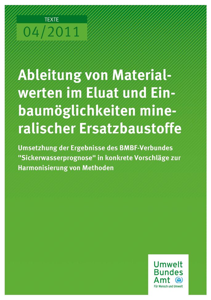 Publikation:Ableitung von Materialwerten im Eluat und Einbaumöglichkeiten mineralischer Ersatzbaustoffe -Umsetzung der Ergebnisse des BMBF-Verbundes „Sickerwasserprognose“ in konkrete Vorschläge zur Harmonisierung von Methoden