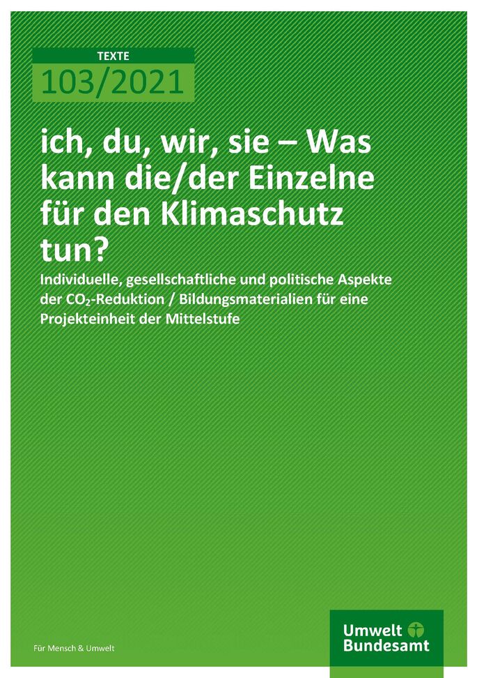 Titelseite der Publikation TEXTE 103/2021 ich, du, wir, sie – Was kann die/der Einzelne für den Klimaschutz tun?:  Individuelle, gesellschaftliche und politische Aspekte der CO2-Reduktion / Bildungsmaterialien für eine Projekteinheit der Mittelstufe