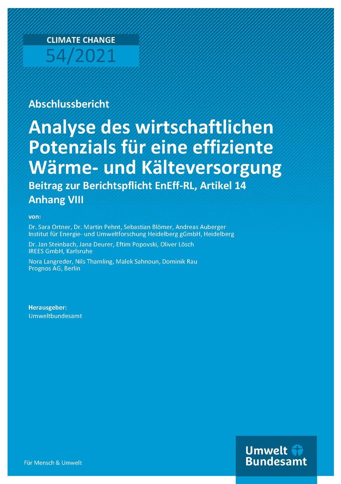 Titelseite der Publikation Climate Change 54/2021 Analyse des wirtschaftlichen Potenzials für eine effiziente Wärme- und Kälteversorgung: Beitrag zur Berichtspflicht EnEff-RL, Artikel 14 Anhang VIII