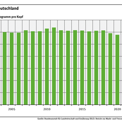 Diagramm: Der Fleischverzehr pro Kopf in Deutschland lag von 2000 bis 2018 bei rund 60 kg. Im Jahr 2025 lag er bei 54,9 kg. 