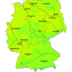 Die Deutschlandkarte zeigt eine recht uniforme Verteilung der durchschnittlichen jährlichen Lufttemperatur. Die Extreme finden sich in den wenigen kalten Gebirgslagen und Tieflandlagen wie am Ober- und Unterrhein.