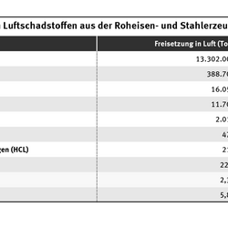 Die Tabelle zeigt die TOP 10 der Luftschadstoffemissionen, die im Jahr 2024 von PRTR-Betrieben der Roheisen- und Stahlerzeugung berichtet wurden.