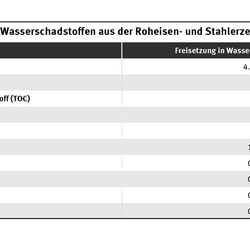 Die Tabelle zeigt die TOP 10 der Wasserschadstoffemissionen, die im Jahr 2024 von PRTR-Betrieben der Roheisen- und Stahlerzeugung berichtet wurden.