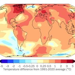 Weltkarte zeigt farblich die Temperaturanomalien für das Jahr 2024. Der Großteil der Welt ist dabei deutlich wärmer als das 30-jährigen Mittel von 1991–2020.