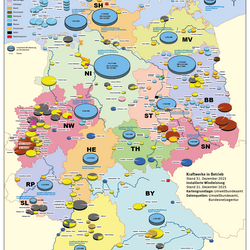 Die Karte zeigt Kraftwerke ab 100 MW sowie die installierte Windleistung in Deutschland, den einzelnen Bundesländern und auf See.