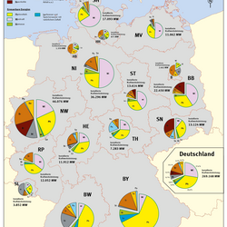 Die Karte zeigt die installierte Kraftwerksleistung der einzelnen deutschen Bundesländer und von Deutschland insgesamt.