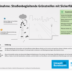 Infografik zur Maßnahme Straßenbegleitende Grünstreifen mit Sickerflächen: Begrünte Straßenränder nehmen Regenwasser auf, fördern die Versickerung, reduzieren Hitze und Abflussmengen und verbessern gleichzeitig Luftqualität, Biodiversität und Stadtbild.