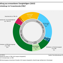 Die Gesamtenergiebereitstellung aus erneuerbaren Energieträgern betrug im Jahr 2025 541 Terawattstunden. 54 Prozent davon entfielen auf Strom, 39 Prozent auf Wärme und 7 Prozent auf den Verkehr.