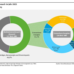 Ein Ringdiagramm stellt die Zusammensetzung der erneuerbaren Stromproduktion im Jahr 2025 dar. Die Windenergie stellt mit insgesamt 46 % den größten Anteil bereit, PV stellt 32 %, Biomasse 17 % und Wasserkraft 6 % des erneuerbaren Stroms. Die Stromerzeugung aus erneuerbaren Energieträgern (55,1 %) ist außerdem der Stromerzeugung aus konventionellen Energieträgern (44,9 %) gegenübergestellt. 