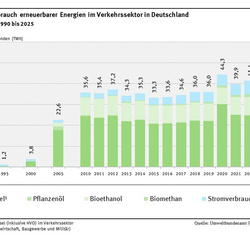 Das Diagramm zeigt die Entwicklung der erneuerbaren Energien im Verkehrssektor für 1990, 1995, 2000, 2005 und ab dem Jahr 2010. Dabei wird zwischen verschiedenen Arten von Biokraftstoffen und erneuerbarem Strom unterschieden. Der Verbrauch stieg zwischen den Jahren 2000 und 2010 stark an und blieb danach weitgehend konstant. Seit dem Jahr 2019 gibt es wieder ein Wachstum. Im Jahr 2025 wurde mit 47,7 TWh ein neuer Rekordwert erreicht.