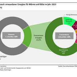 Ein Ringdiagramm stellt die Zusammensetzung der erneuerbaren Wärme- und Kälteproduktion dar. Mit insgesamt etwa 84 Prozent stammt der weitaus größte Anteil aus Biomasse und biogenem Abfall; 12 Prozent kommen aus Geothermie und Umweltwärme und 4 Prozent aus Solarthermieanlagen. Insgesamt wurden im Jahr 2025 209,8 TWh Wärme aus erneuerbaren Energieträgern verbraucht. Der Wärmeverbrauch aus erneuerbaren Energieträgern (19,0%) ist der Nutzung konventioneller Energieträger (81,0%) gegenübergestellt.