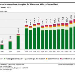 Das Diagramm zeigt die Entwicklung der Wärme- bzw. Kälteproduktion aus erneuerbaren Energien für 1990, 1995, 2000, 2005 und ab dem Jahr 2010 als gestapelte Balken. Die gesamte Wärmeproduktion aus EE steigt insgesamt langsam an. Im Jahr 2022 wurden mit 204,1 TWh Wärme aus erneuerbaren Energieträgern der bisherige Rekordwert erreicht. Nach zwei schwächeren Jahren wurde dieser Wert im Jahr 2025 mit 209,8 TWh übertroffen.