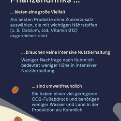 Infografik des Umweltbundesamtes zu Vorteilen von Pflanzendrinks: hohe Vielfalt, keine Massentierhaltung und geringerer ökologischer Fußabdruck im Vergleich zu Kuhmilch.
