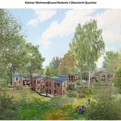 Das Bild zeigt Visualisierungen des Projekts „kleinerWohnen@Land". Die Wohnungen mit kleinen Grundrissen sind eingebettet in das natürliche Grün, die Flächen sind größtenteils unversiegelt.