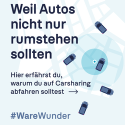 Ein dunkelblaues Auto in einem hellblauen Kreis. Weitere Autos sind auf einer hellgrünen Karte mit Straßen abgebildet. Der Text lautet: „Weil Autos nicht nur rumstehen sollten“ und „Hier erfährst du, warum du auf Carsharing abfahren solltest“. Unten steht #WareWunder und das Logo des Umweltbundesamtes.