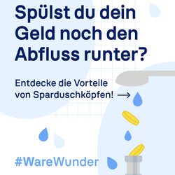Slogan: Spülst du dein Geld den Abfluss runter? Verweist auf Vorteile von Sparduschköpfen. Illustration: Geld fällt in Abfluss. UBA-Logo.