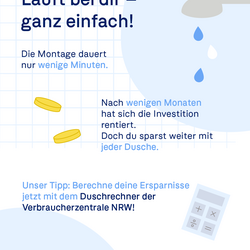 Slogan: Läuft bei dir – ganz einfach! Montage dauert Minuten, Amortisation nach wenigen Monaten. Tipp: Duschrechner nutzen. UBA-Logo.