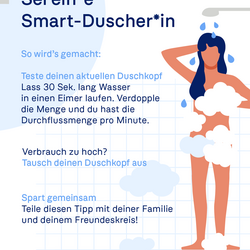 Aufruf: Sei ein Smart-Duscher! Erklärt Test des Duschkopf-Verbrauchs (30 Sek. Eimer-Test) und ruft zum Tauschen auf. UBA-Logo.
