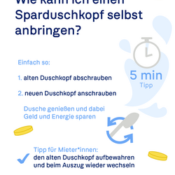 Frage: Wie bringe ich einen Sparduschkopf an? Antwort: Abschrauben, anschrauben. Tipp: Alten Kopf für Mieter aufbewahren. UBA-Logo.