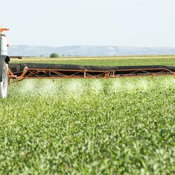 Ein Fahrzeug, welches auf einem Acker Pflanzenschutzmittel sprüht