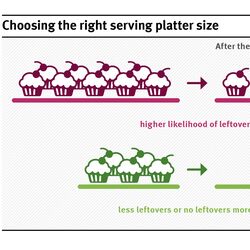 An einem Buffet findet man häufig Lebensmittelreste auf zu großen Platten. Deshalb trägt bereits die Wahl kleinerer Plattengrößen zur Abfallvermeidung bei. 