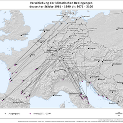 Zu sehen sind die beschriebenen Klimaanalogien der deutschen Städte in einer Europakarte für den Zeitraum 2071-2100