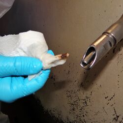 Foto von Schmutz an einem Reinigungslappen, der trotz Reinigung des Abteils an einer Nippeltränke verblieben ist. 