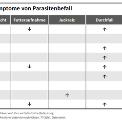 Tabellarische Übersicht typischer Anzeichen für Parasitenbefall bei Nutztieren