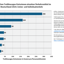 Die Grafik zeigt, wie viel Gramm Schadstoffe und klimawirksame Gase bestimmte Verkehrsmittel im Durchschnitt pro Personenkilometer ausstoßen.