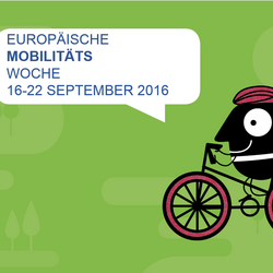 Comiczeichnung eines Männchens auf einem Fahrrad vor grünem Hintergrund, daneben eine Sprechblase: Europäische Mobilitätswoche 16. bis 22. September 2016