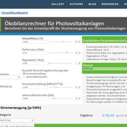 Screenshot der Startseite des Ökobilanzrechners für Photovoltaikanlagen