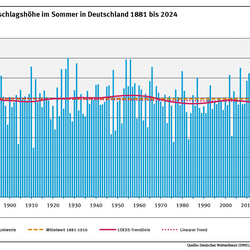 Ein Diagramm zeigt die jährlichen Niederschlagshöhen in Deutschland im Sommer für den Zeitraum 1881 bis 2024 sowie den linearen Trend.