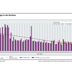 Die Abbildung zeigt die wasserbürtigen Eintragsfrachten für Zink in die Nordsee aus deutschen Einzugsgebieten im Zeitraum 1990 - 2021. Die gemessenen Einträge über Flüsse sind in helllila, die abflussnormalisierten Flusseinträge in dunkellila dargestellt. Die statistischen Trendbetrachtungen sind als gestrichelte Linien dargestellt.