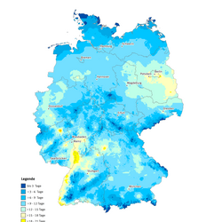 Die Karte zeigt die Anzahl Heißer Tage in Deutschland im Jahr 2010. Maximal gab es in diesem Jahr 21 Heiße Tage in Deutschland.