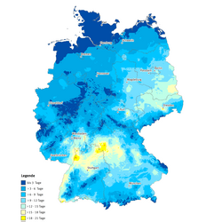 Die Karte zeigt die Anzahl Heißer Tage in Deutschland im Jahr 2012. Maximal gab es in diesem Jahr 23 Heiße Tage in Deutschland.