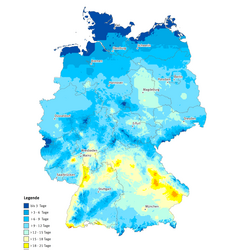 Die Karte zeigt die Anzahl Heißer Tage in Deutschland im Jahr 2013. Maximal gab es in diesem Jahr 26 Heiße Tage in Deutschland.
