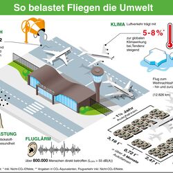 Eine Infografik zeigt einen Flughafen und verschiedene Fakten zu Umweltbelastungen durch den Flugverkehr.