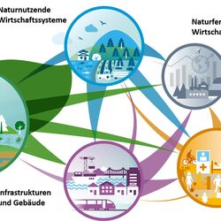 Gezeigt sind ausgehende und eingehende Querverbindungen der fünf Systembereiche. Insbesondere vom Bereich „Natürliche Systeme und Ressourcen“ gehen viele Wirkbeziehungen aus.