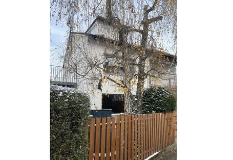 Ein Zweifamilienhaus hinter Holzzaun und blätterloser Birke. Über dem Zaun ist ein wenig von der Wärmepumpe zu sehen.