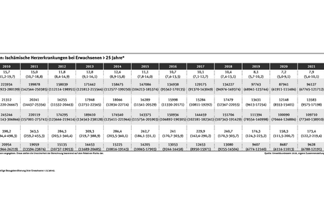 Die Tabelle zeigt die feinstaubbedingte Krankheitslast aufgrund von ischämischen Herzerkrankungen zwischen 2010 und 2023. Sie variiert von Jahr zu Jahr, weist aber insgesamt einen deutlichen Abwärtstrend auf.