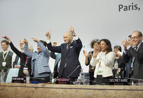 Happy faces at COP21 in Paris: The Paris Agreement is adopted!
