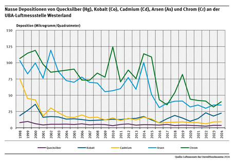 An der UBA-Messstelle Westerland gingen im Zeitraum von 1998 bis 2024 die nassen Ablagerungen von fünf Schwermetallen unterschiedlich stark zurück.