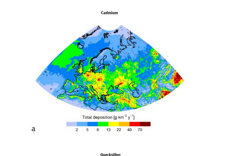 Die Karten zeigen: die höchsten Schwermetalldepositionen in Europa finden sich unter anderem in Polen, Westdeutschland (NRW) bzw. Norditalien, die niedrigsten Schwermetalldepositionen wurden für Nord-Skandinavien und Nord-Russland berechnet.