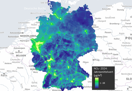 Karte NO2-Jahresmittelwerte des Jahres 2024