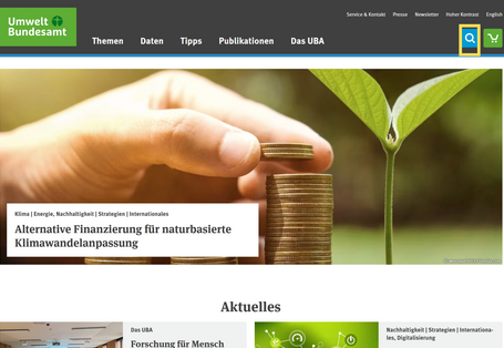 Screenshot der UBA-Website, gelb umrandet das Suchfeld