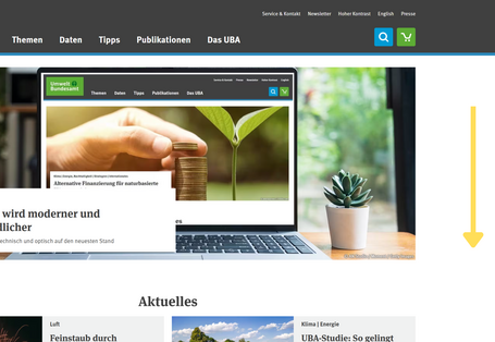 Screenshot der Startseite des Umweltbundesamts mit Hauptmenüpunkten und gelbem Pfeil nach unten.