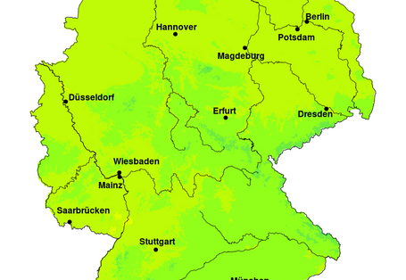 Die Deutschlandkarte zeigt eine recht uniforme Verteilung der durchschnittlichen jährlichen Lufttemperatur. Die Extreme finden sich in den wenigen kalten Gebirgslagen und Tieflandlagen wie am Ober- und Unterrhein.