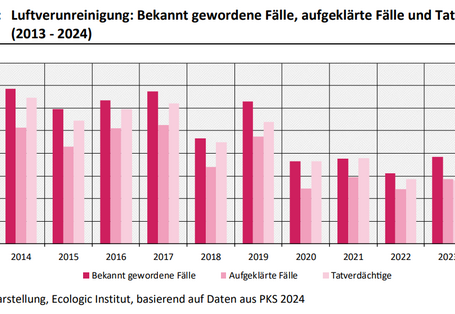 Das ist ein Balkendiagramm. Zwischen 2013 und 2024 lässt sich ein Rückgang der bekannt gewordenen Fälle (um 62 %) und der aufgeklärten Fälle (um 70 %) verzeichnen. Die Aufklärungsquote lag im Jahr 2024 bei 59 %, im gesamten Zeitraum 2013 - 2024 bewegte sie sich zwischen 59 % und 80 % und unterlag damit deutlichen Schwankungen.